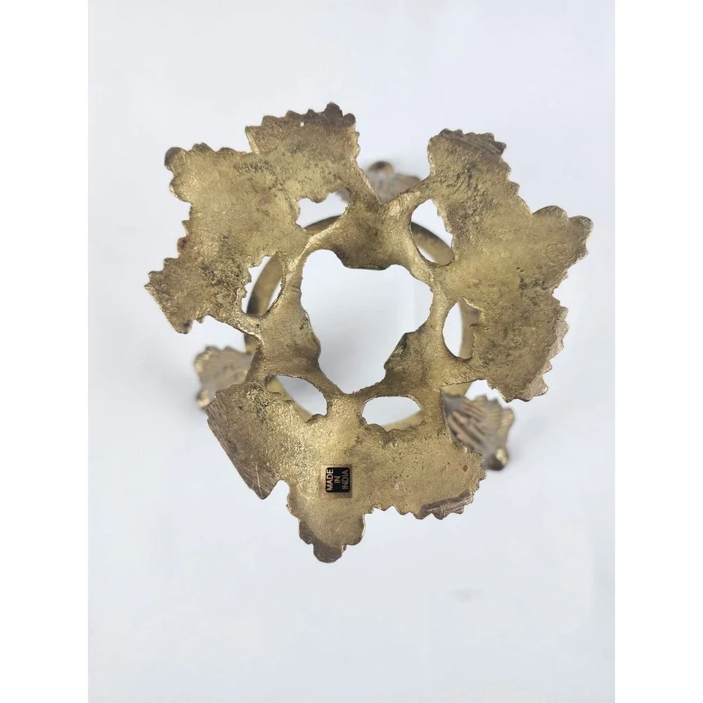Vintage Crackle Glass Bowl with Brass Tone Grapevine & Oak Leaf Cast Metal Stand